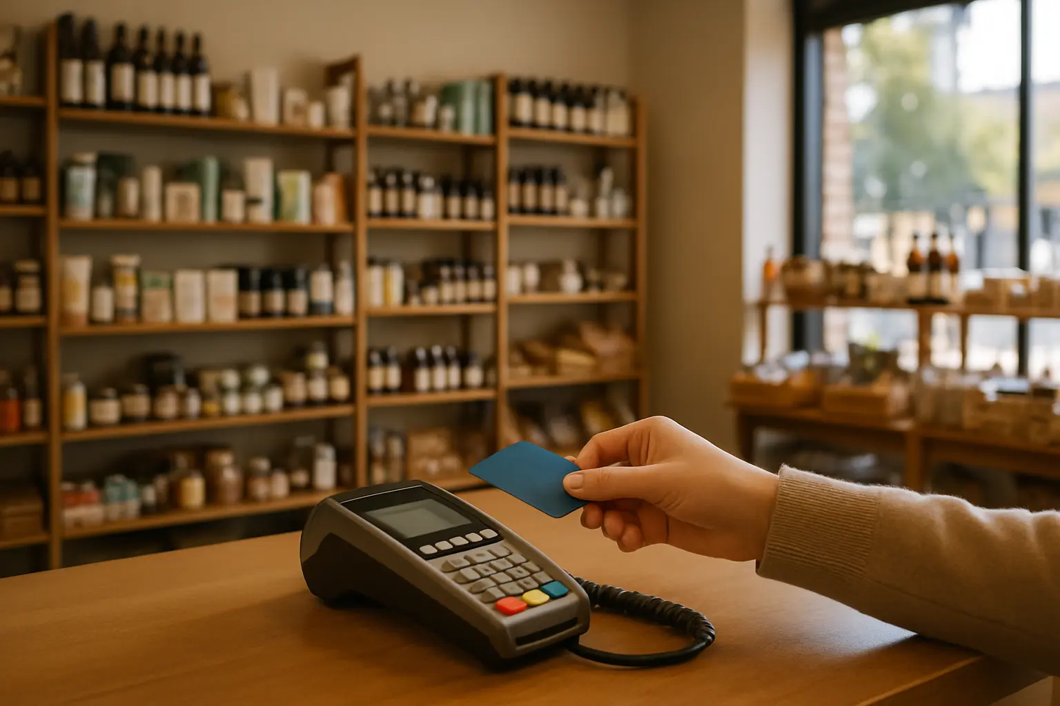 A card payment terminal on a shop counter with a hand holding a card to pay