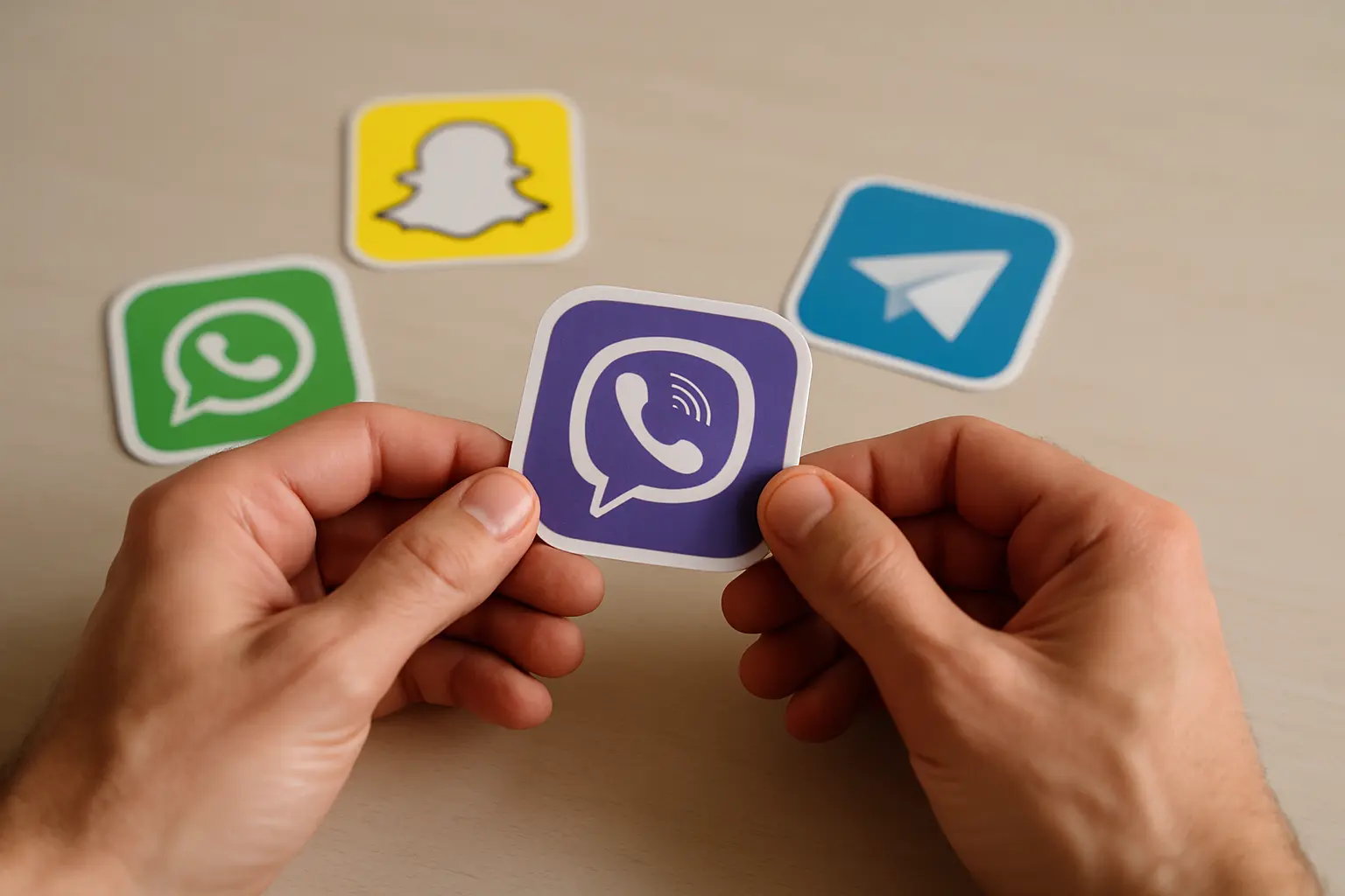 Hands holding a Viber logo sticker among other app stickers on a table