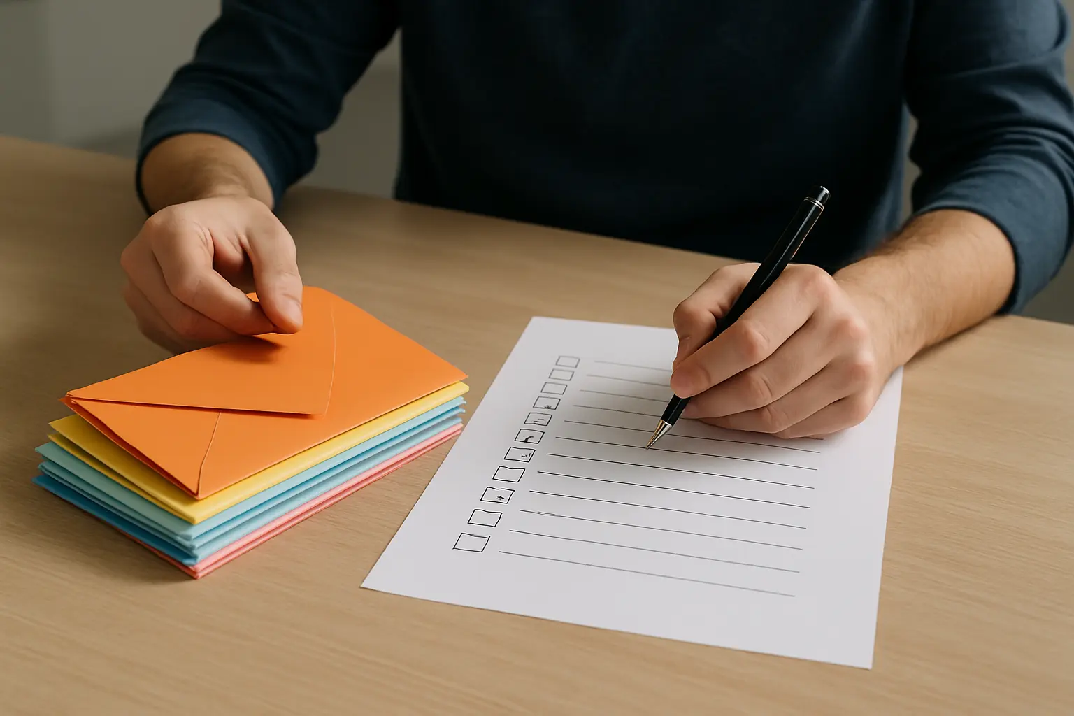 Hands sorting envelopes and checking items off a paper checklist on a table