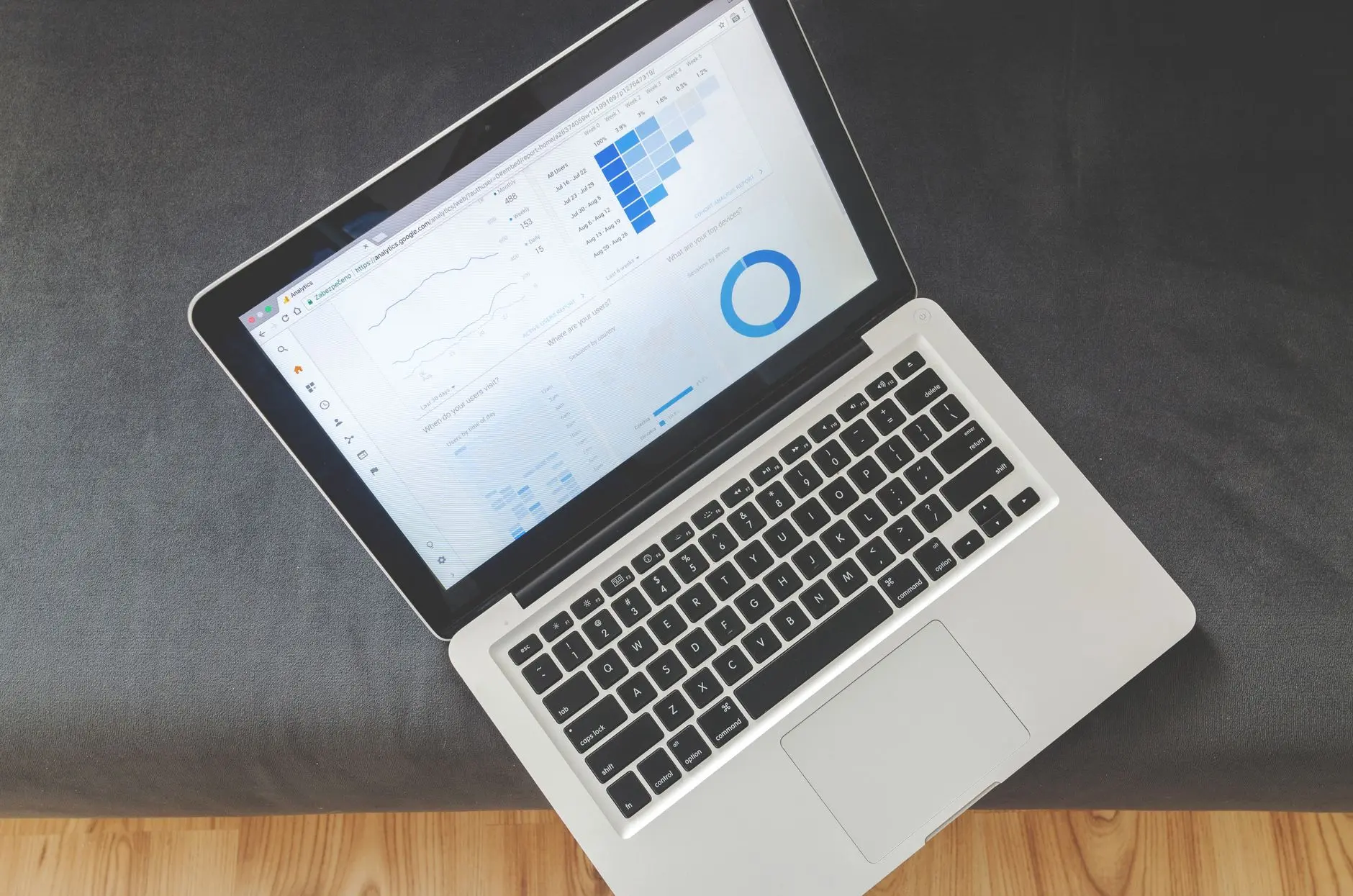 Laptop sa prikazom SEO automation tools analitike na ekranu na radnom stolu