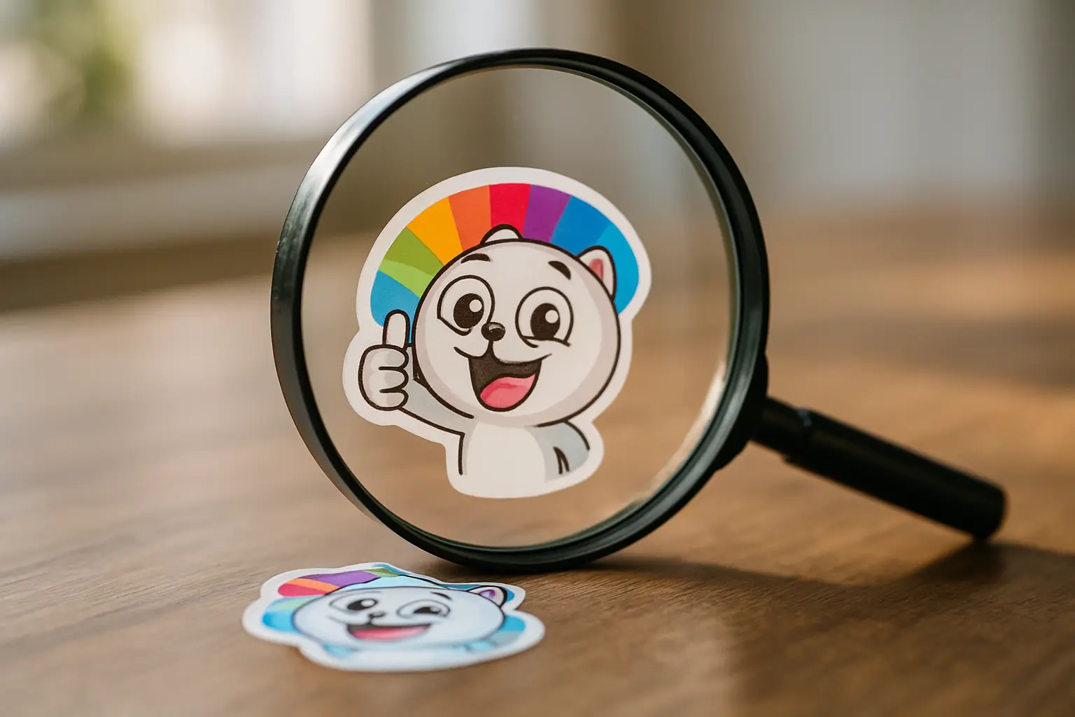 A magnifying glass examining a Viber sticker on a table in natural light.