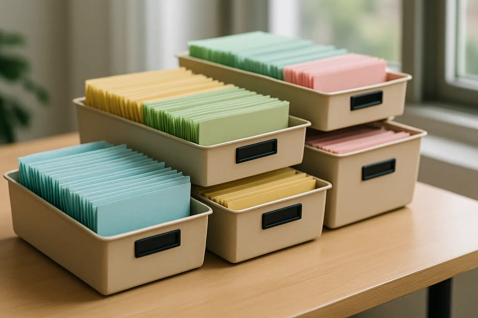 Stacked filing trays filled with colored slips of paper arranged in an organized way