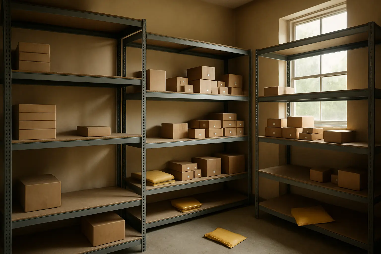 Storage shelves in a storeroom with some items missing or fallen, seen in natural light