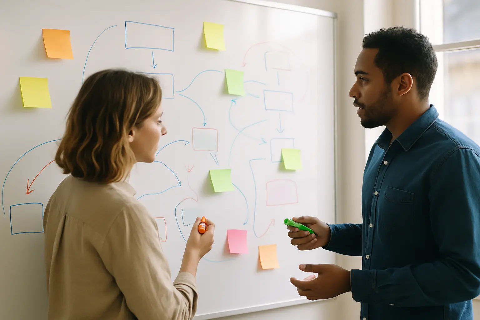 Two people discuss and draw strategies on a large whiteboard with colored markers and notes