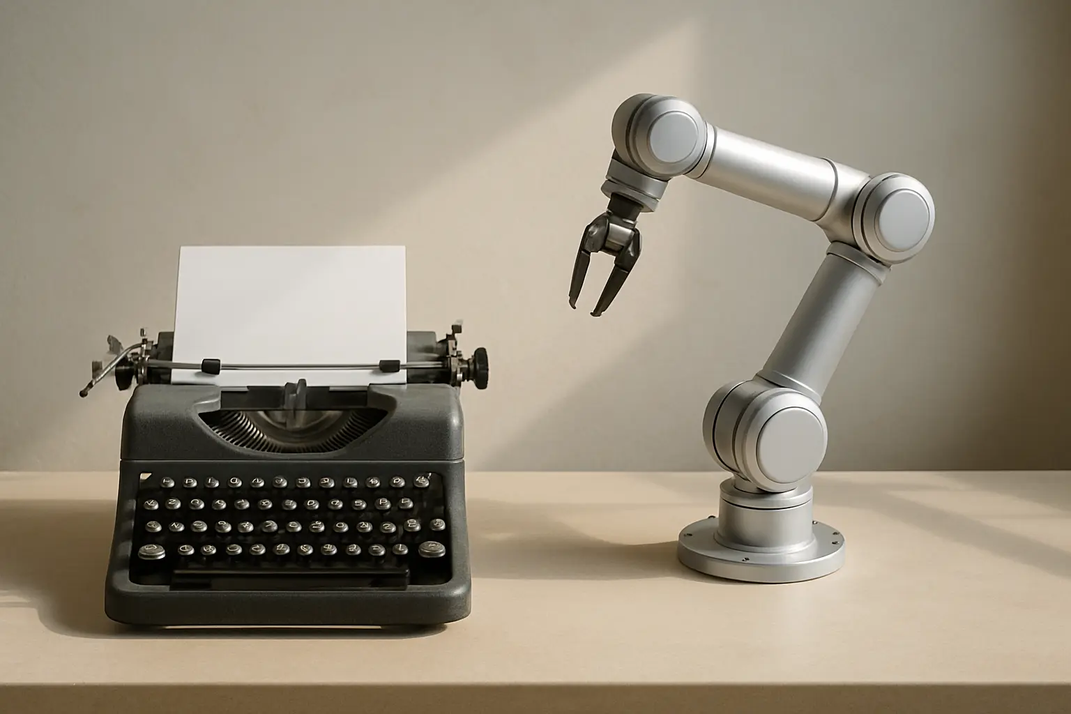 A typewriter and a robotic arm side by side on a plain surface in natural light