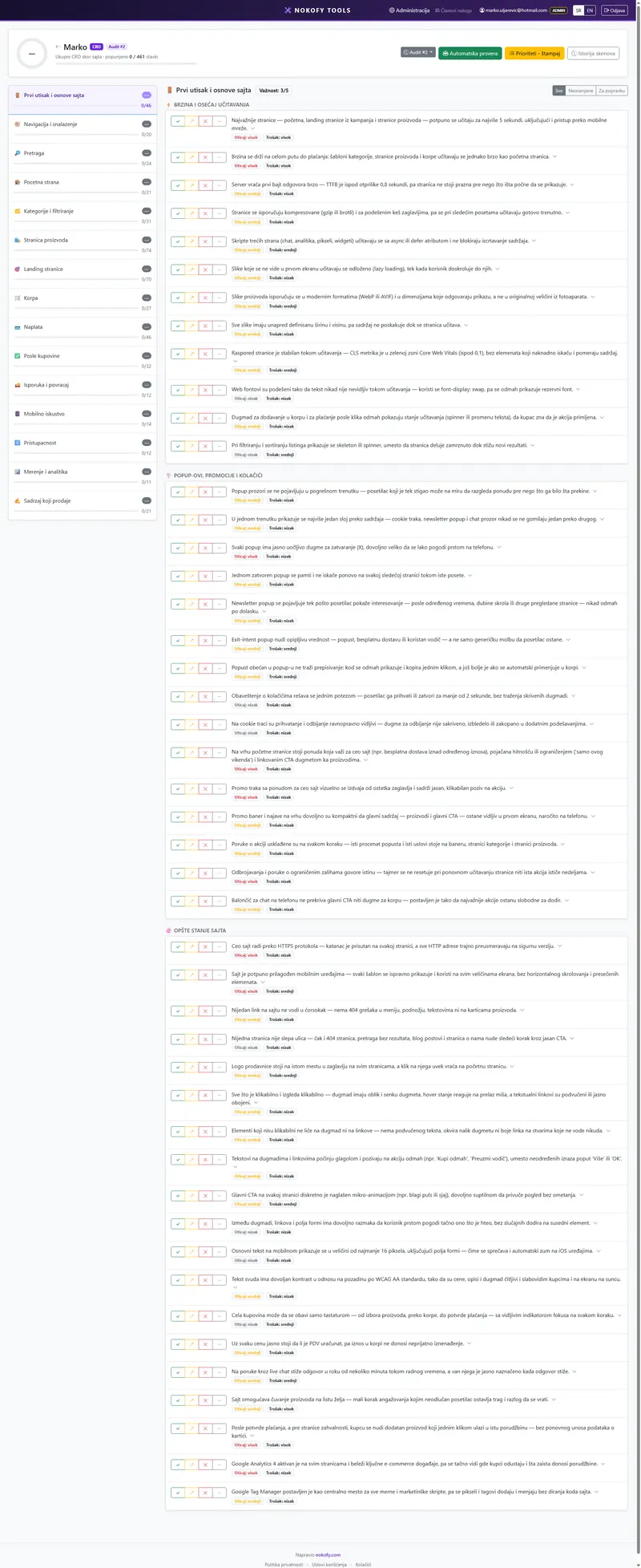 Prikaz ekrana: Ecommerce checklista u Nokofy alatu