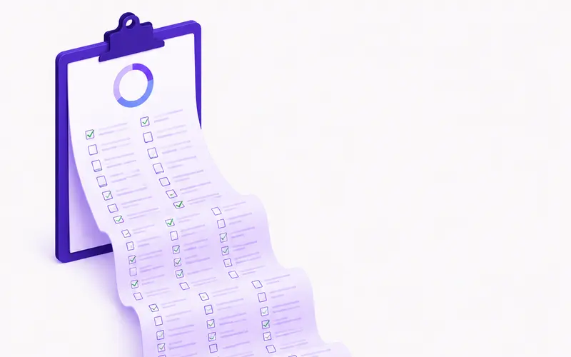 Duga traka checkliste sa stotinama stavki, deo označen zeleno