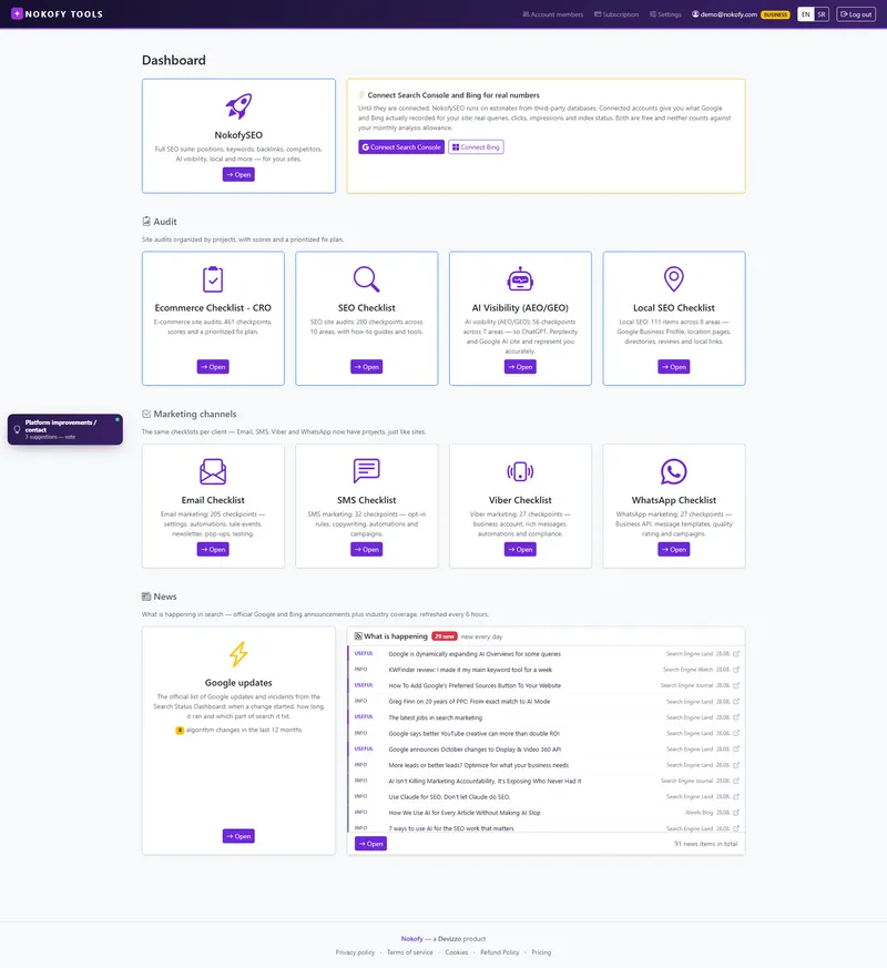 The Nokofy home screen — sites, scores and what to do next