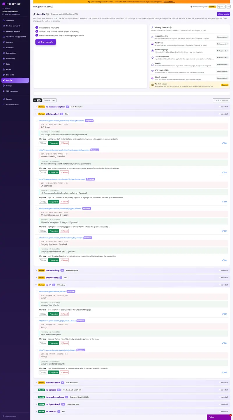 Screenshot: Fixes — proposals, approval and the channels that write them to the site