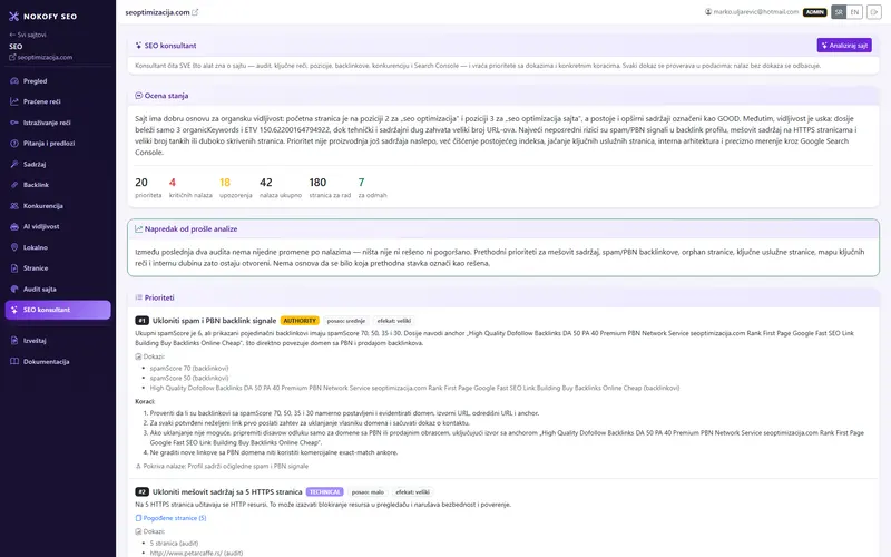 Prikaz ekrana: SEO konsultant