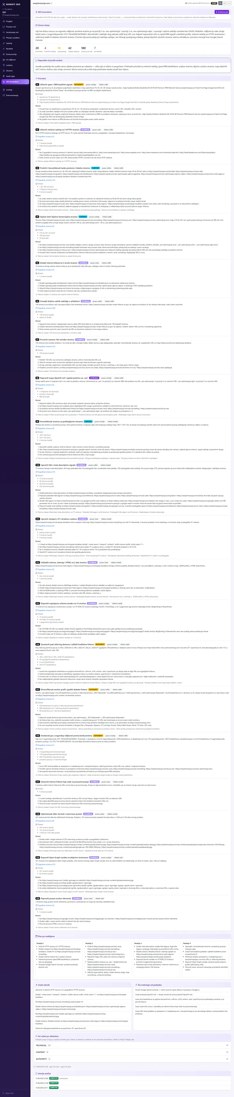Prikaz ekrana: SEO konsultant — ocena stanja, prioriteti i plan